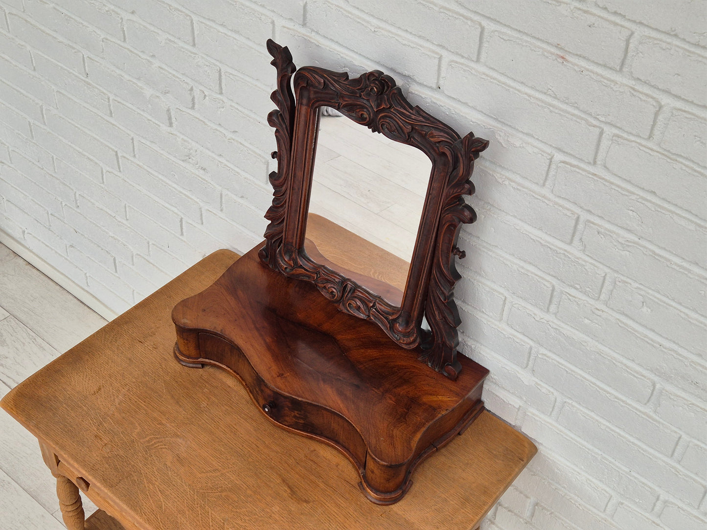 1920s, Danish vintage makeup mirror with jewelry storage, cherry wood.