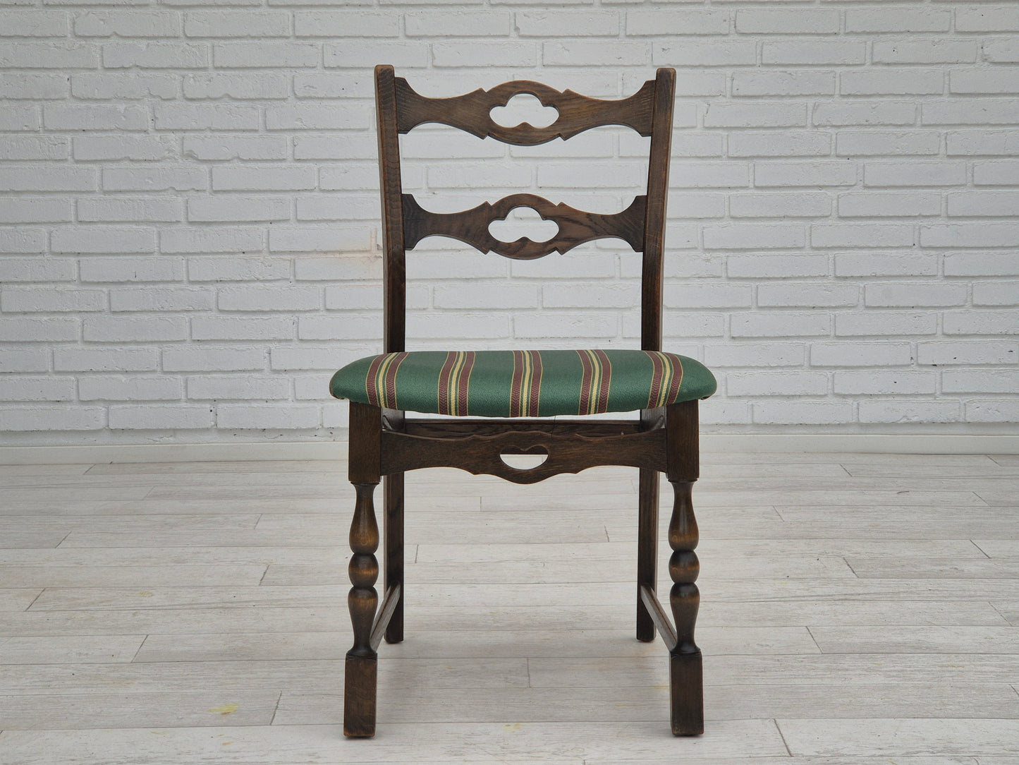 1970s, set of 4 Danish dining chairs, original condition, dark oak wood, furniture wool fabric.