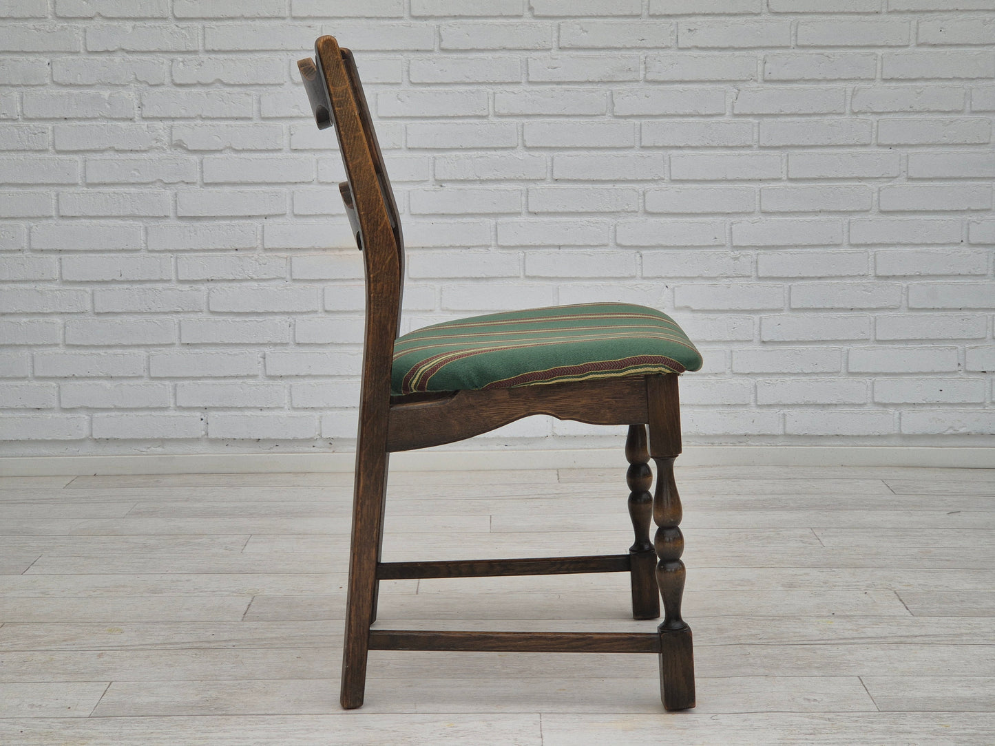 1970s, set of 4 Danish dining chairs, original condition, dark oak wood, furniture wool fabric.