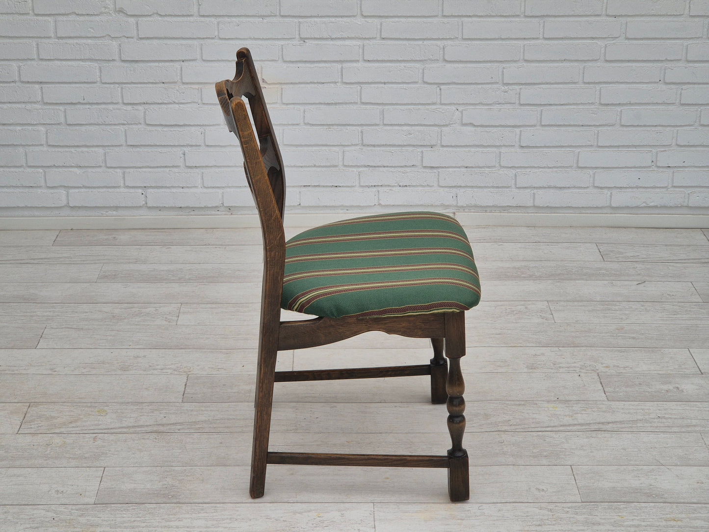 1970s, set of 4 Danish dining chairs, original condition, dark oak wood, furniture wool fabric.