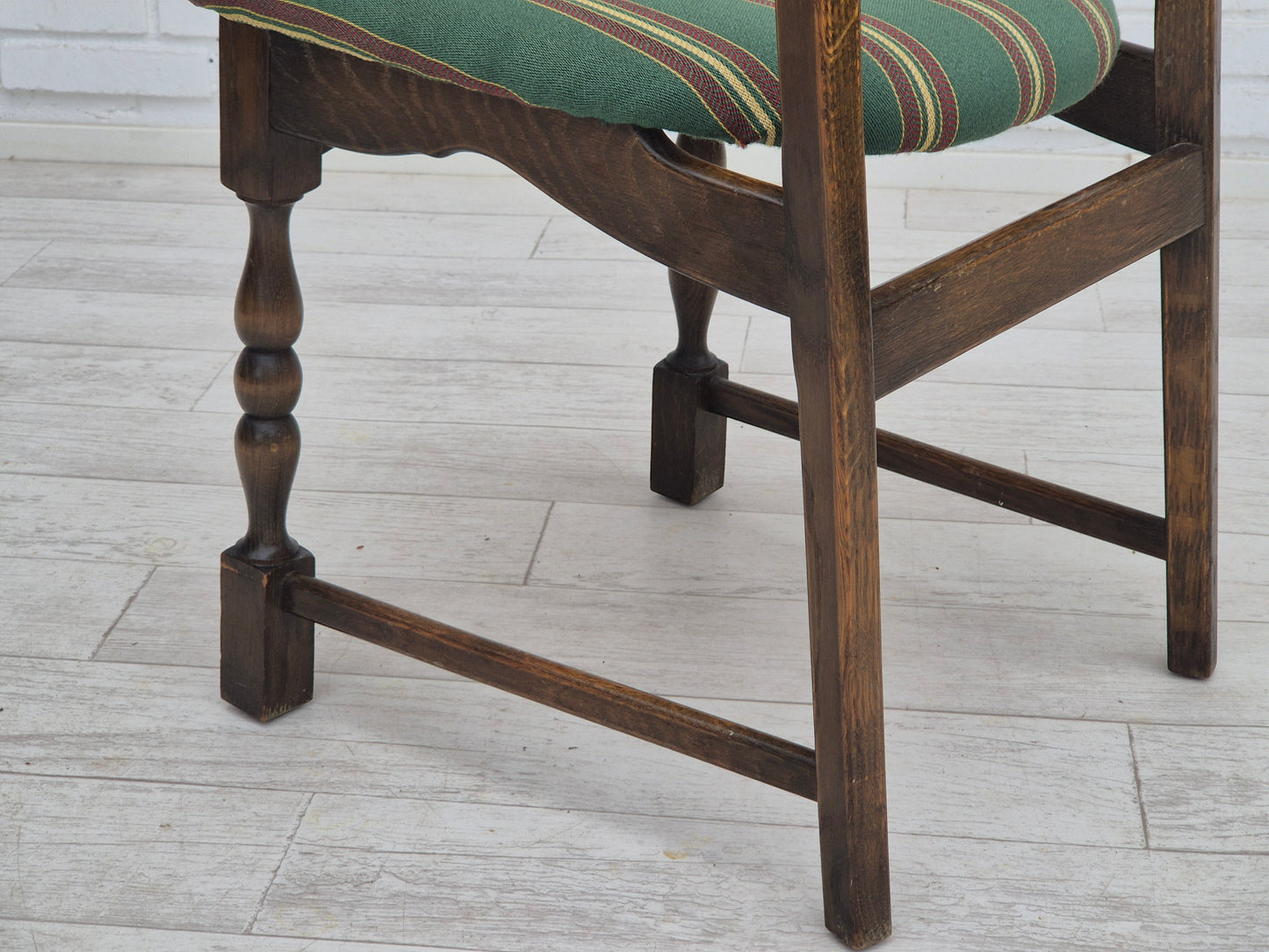 1970s, set of 4 Danish dining chairs, original condition, dark oak wood, furniture wool fabric.