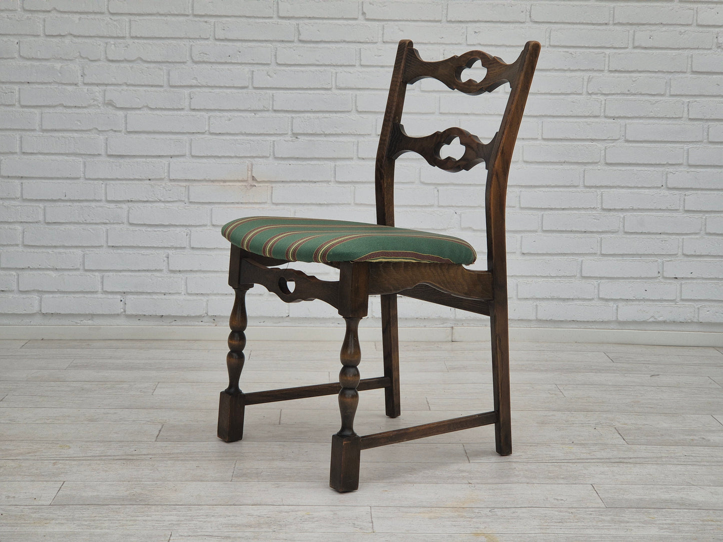 1970s, set of 4 Danish dining chairs, original condition, dark oak wood, furniture wool fabric.