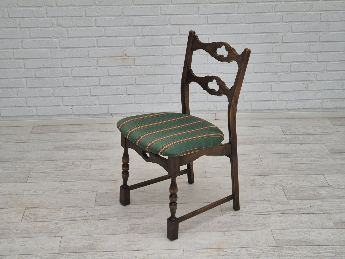 1970s, set of 4 Danish dining chairs, original condition, dark oak wood, furniture wool fabric.