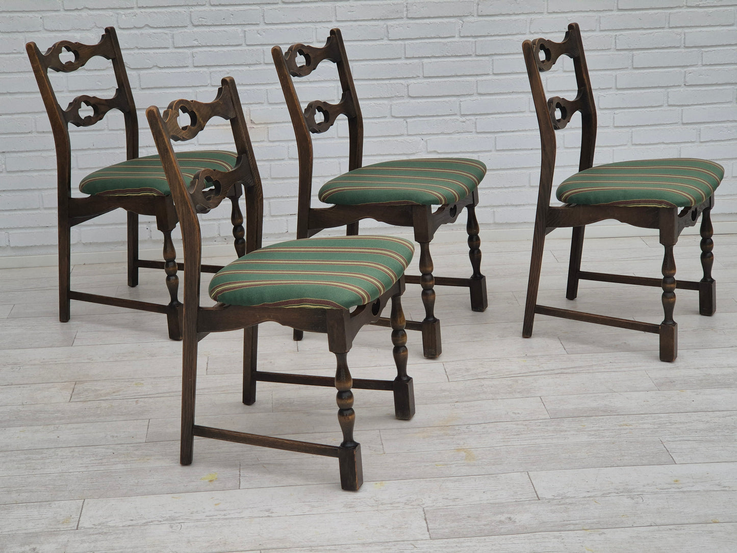 1970s, set of 4 Danish dining chairs, original condition, dark oak wood, furniture wool fabric.