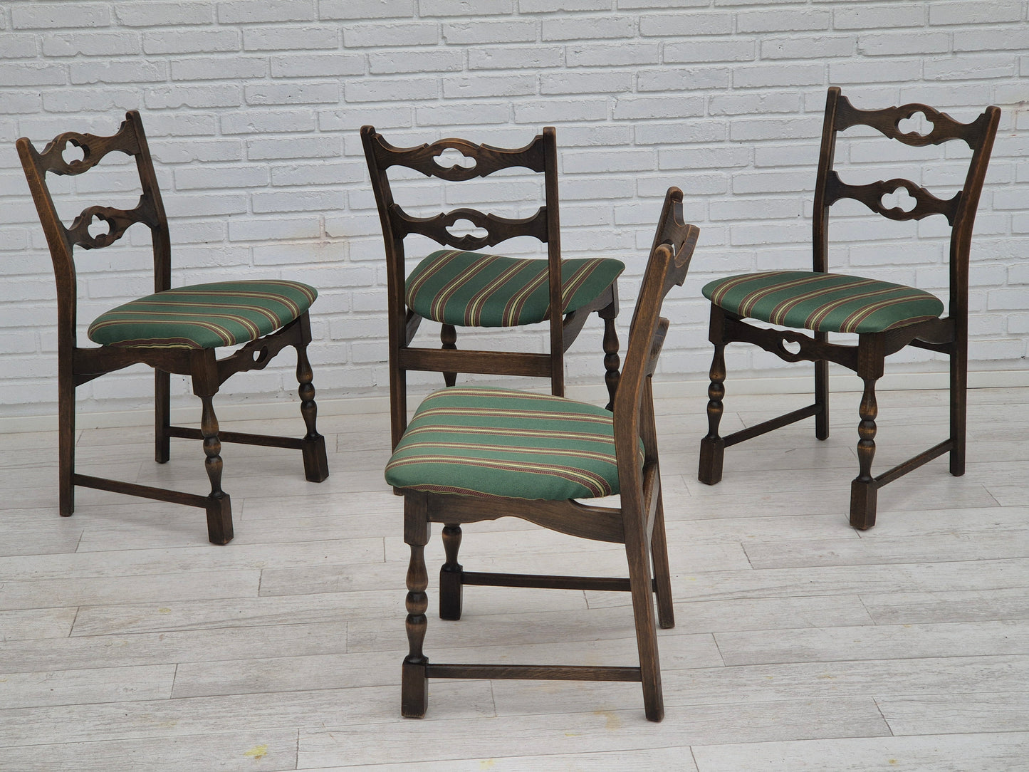 1970s, set of 4 Danish dining chairs, original condition, dark oak wood, furniture wool fabric.