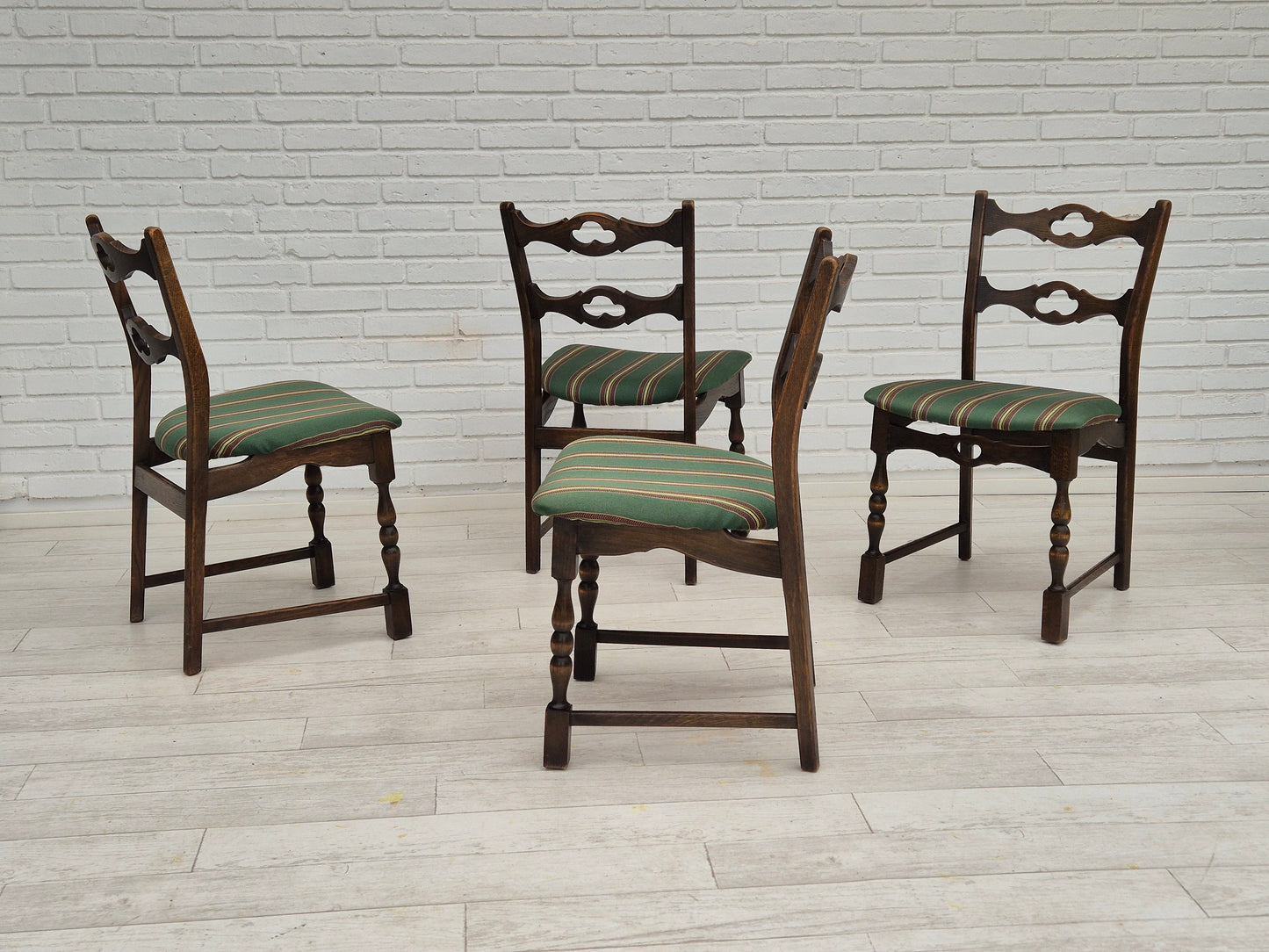 1970s, set of 4 Danish dining chairs, original condition, dark oak wood, furniture wool fabric.