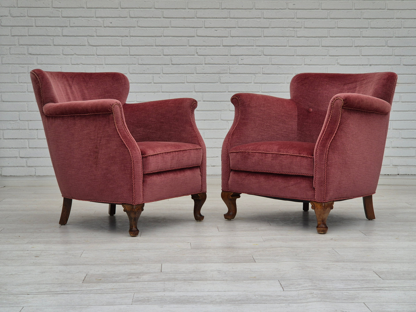 1960s, pair of Danish lounge chairs, original condition, light pink furniture velour.