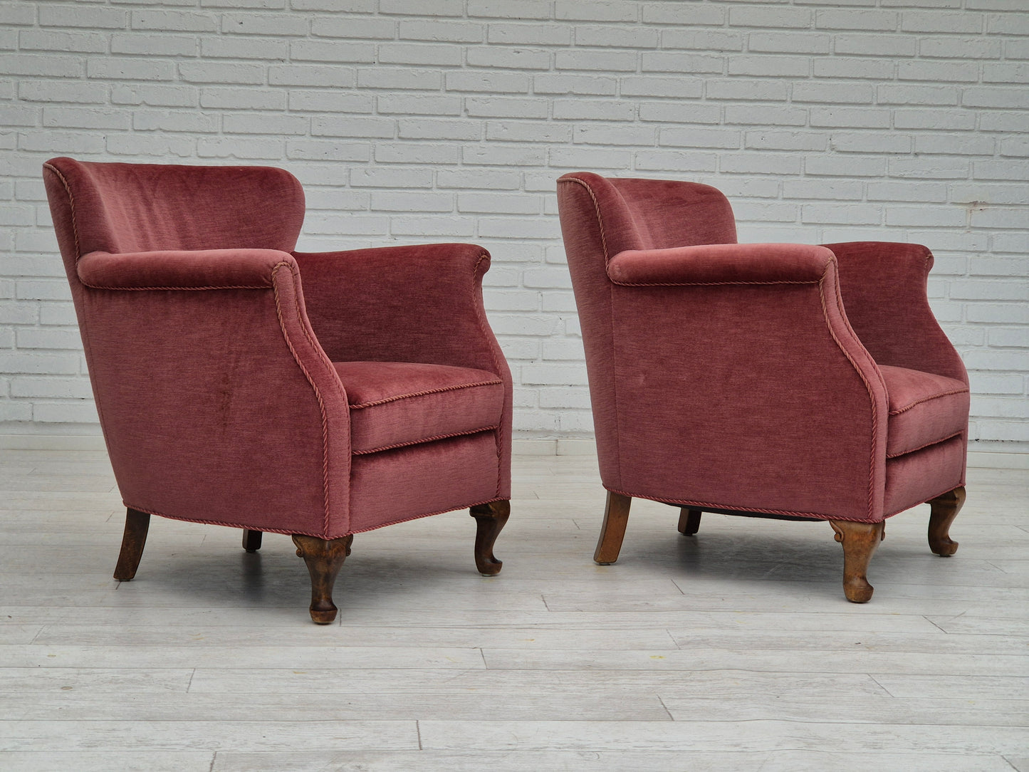 1960s, pair of Danish lounge chairs, original condition, light pink furniture velour.