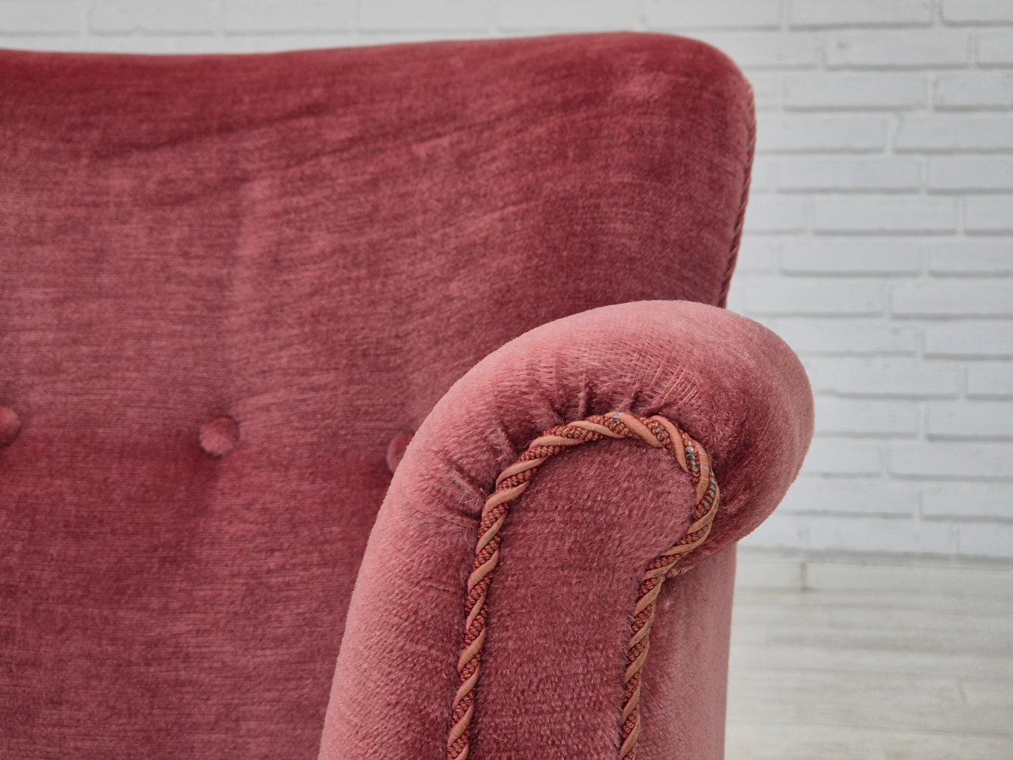 1960s, pair of Danish lounge chairs, original condition, light pink furniture velour.