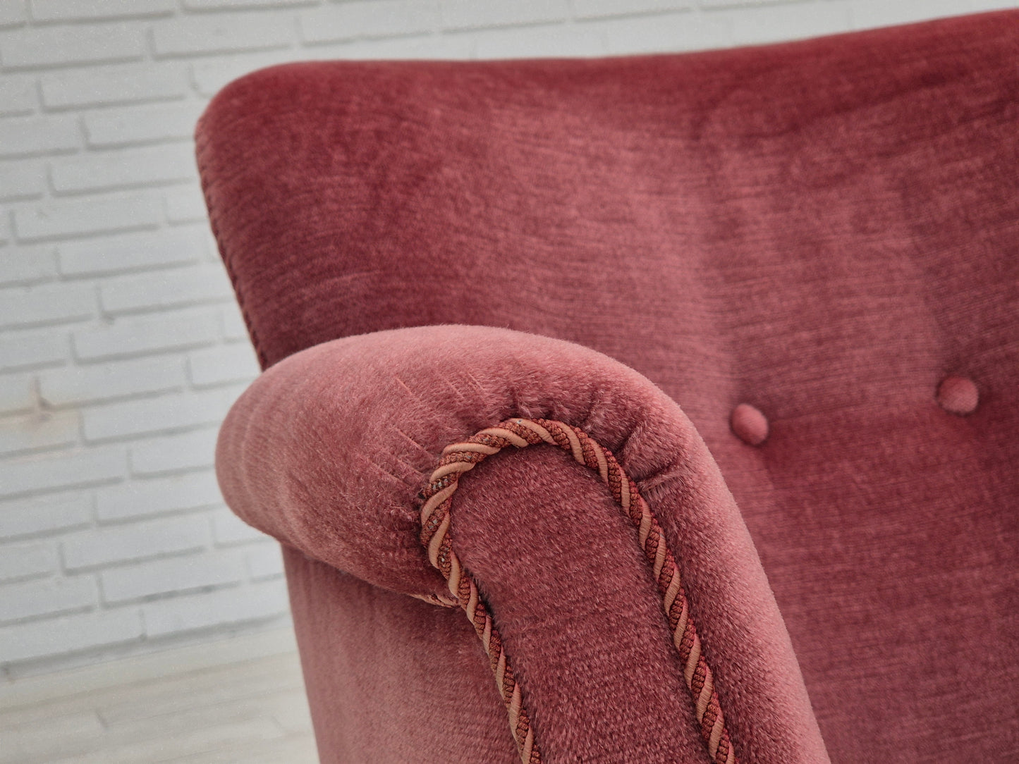 1960s, pair of Danish lounge chairs, original condition, light pink furniture velour.