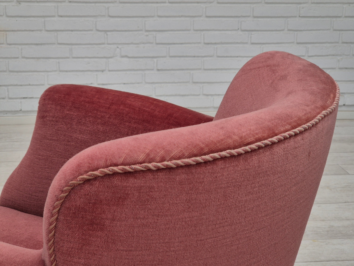 1960s, pair of Danish lounge chairs, original condition, light pink furniture velour.