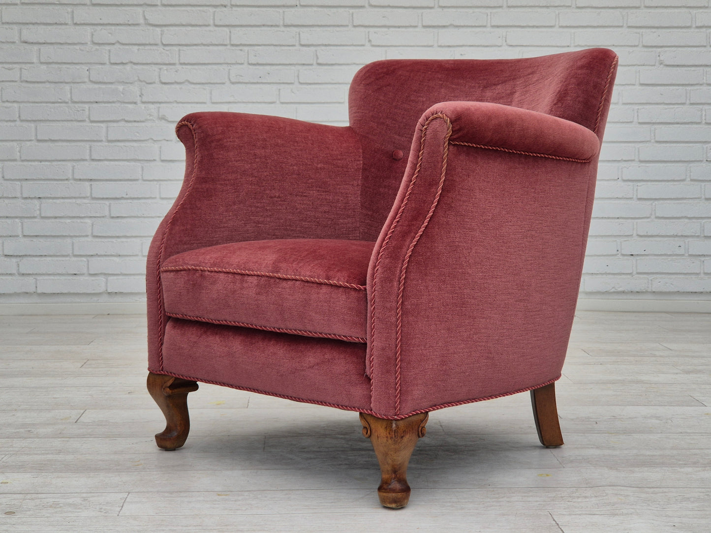 1960s, pair of Danish lounge chairs, original condition, light pink furniture velour.