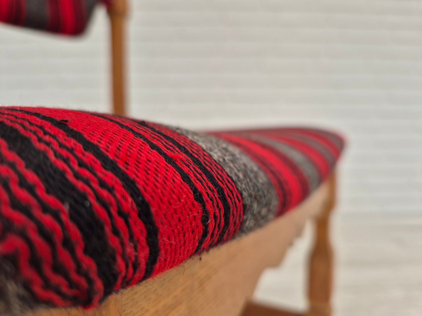 1970s, Danish design by Henning Kjærnulf, set of 4 dining chairs, original condition, oak, wool.