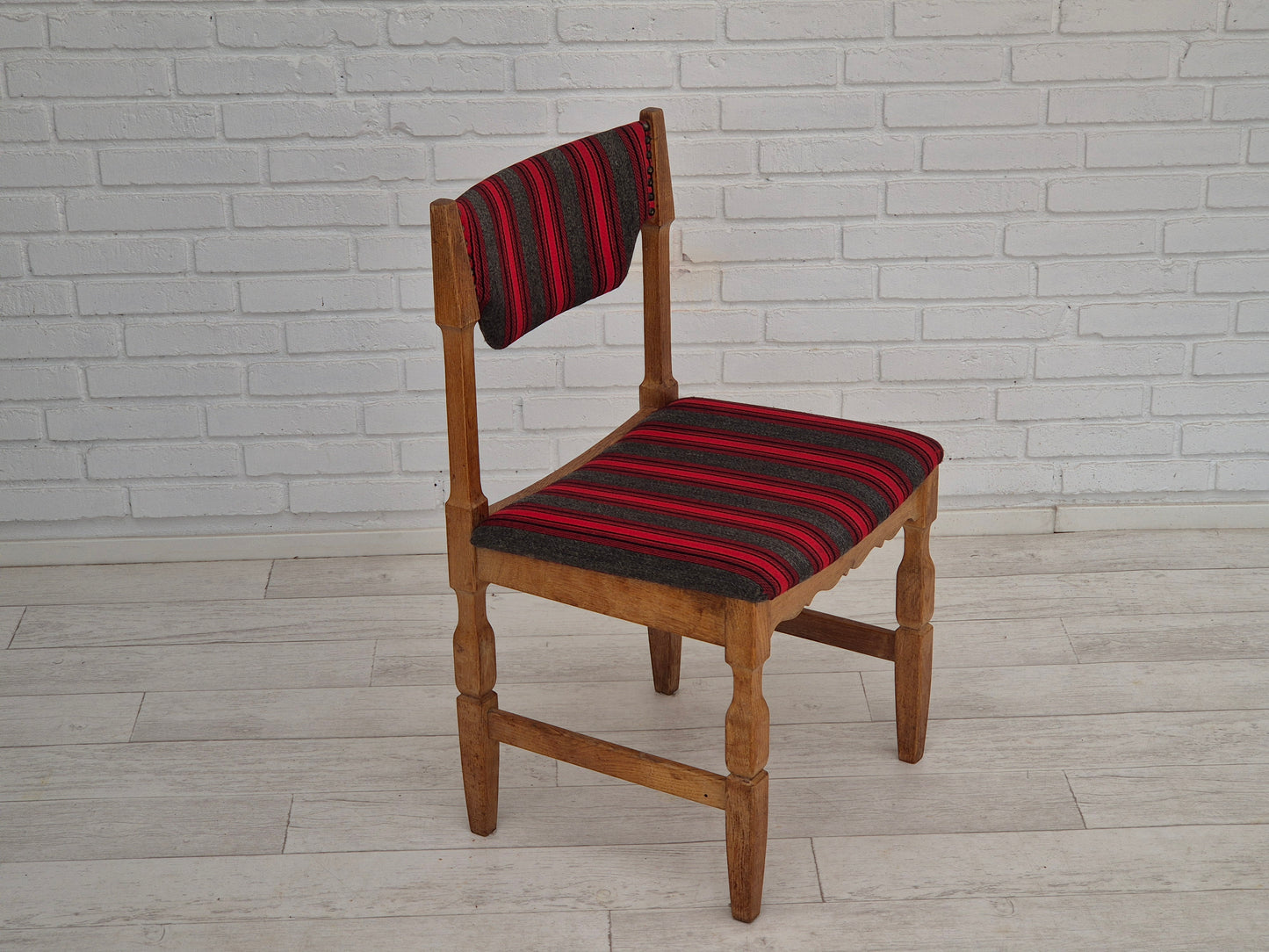 1970s, Danish design by Henning Kjærnulf, set of 4 dining chairs, original condition, oak, wool.