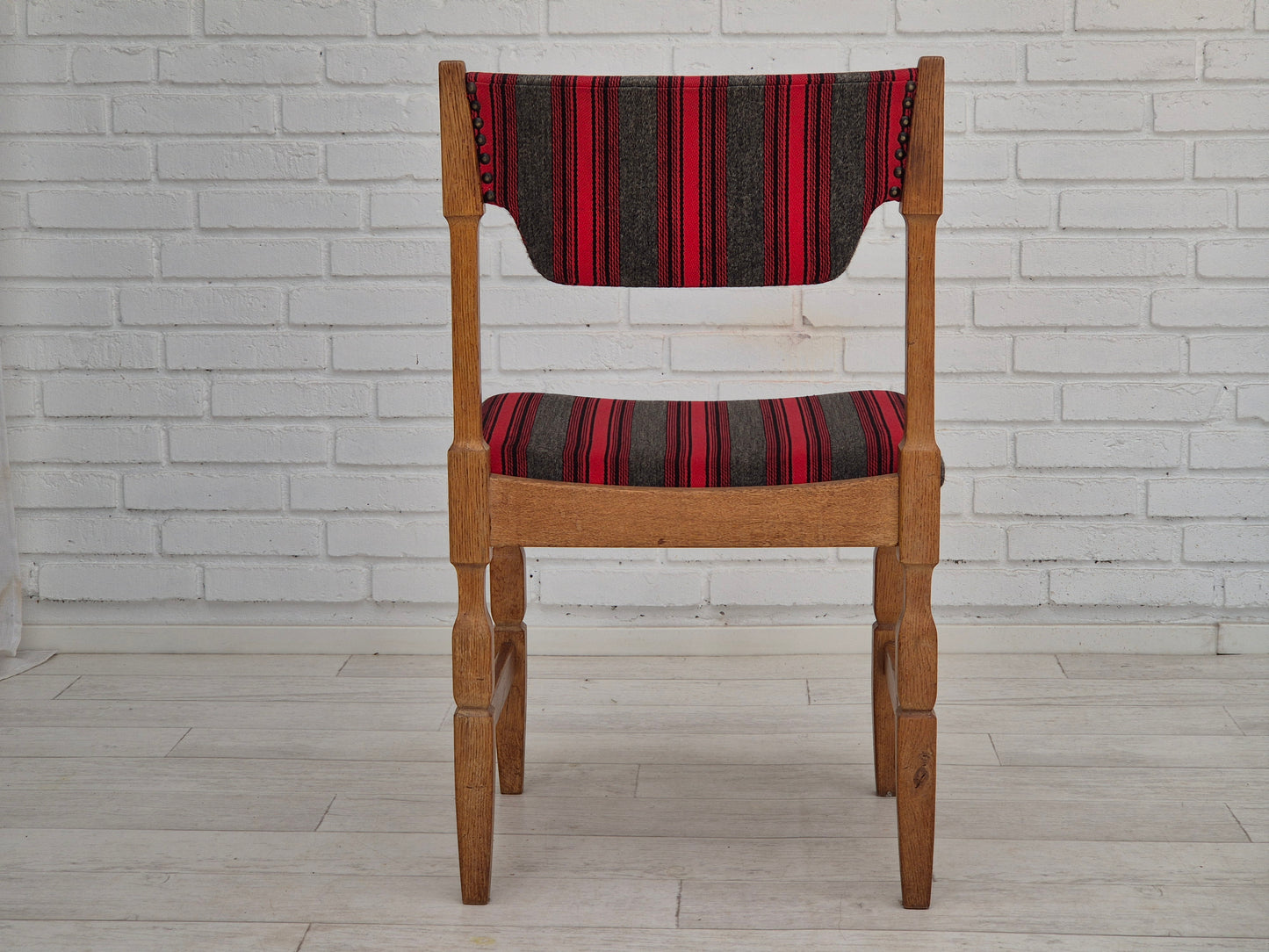 1970s, Danish design by Henning Kjærnulf, set of 4 dining chairs, original condition, oak, wool.