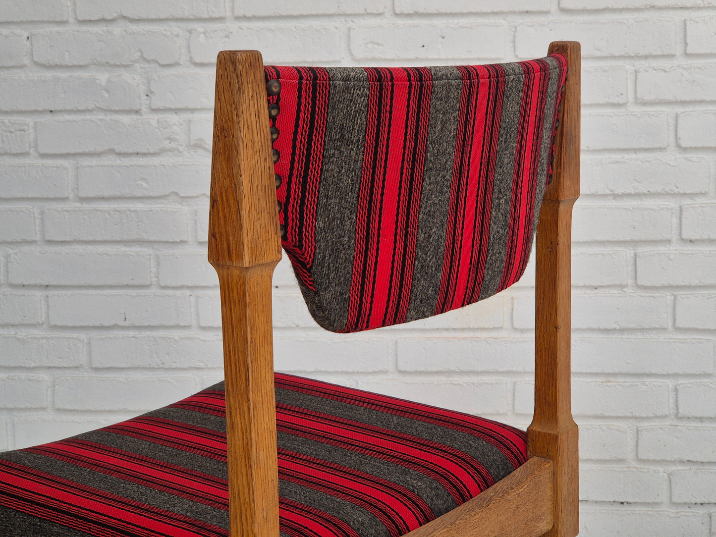 1970s, Danish design by Henning Kjærnulf, set of 4 dining chairs, original condition, oak, wool.