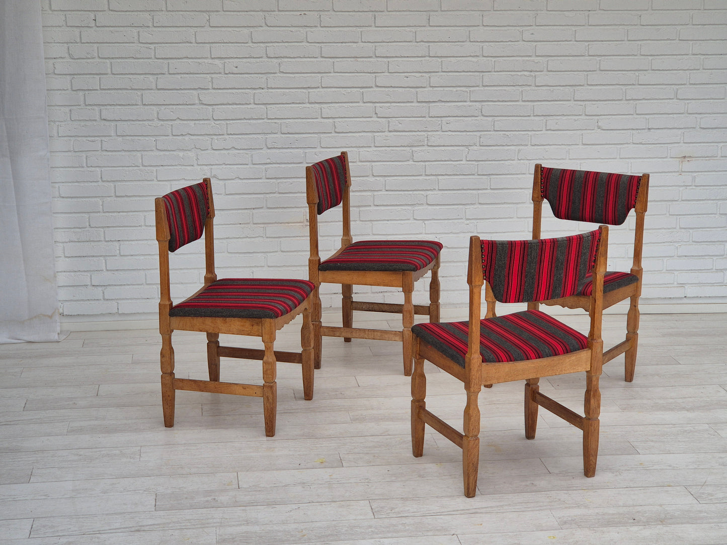 1970s, Danish design by Henning Kjærnulf, set of 4 dining chairs, original condition, oak, wool.