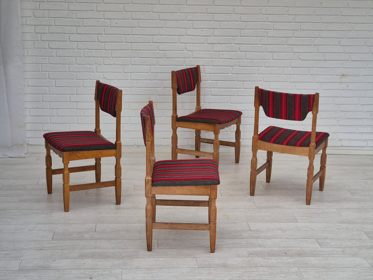 1970s, Danish design by Henning Kjærnulf, set of 4 dining chairs, original condition, oak, wool.