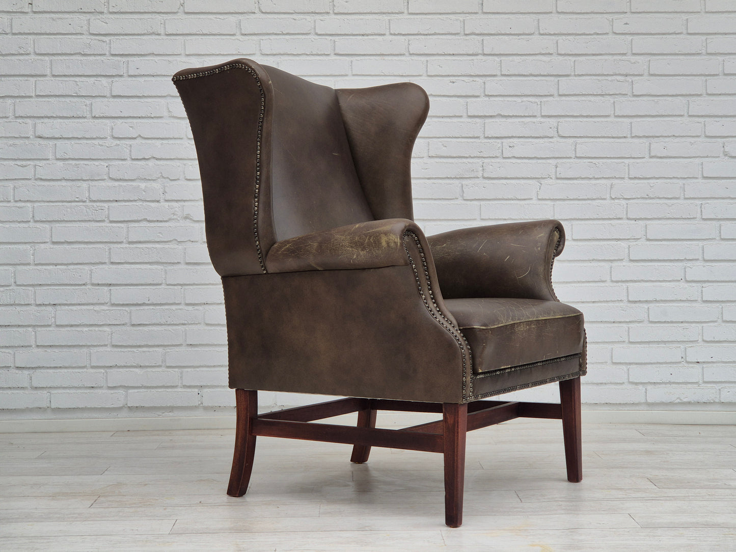 1970s, Vintage wingback armchair, original condition, leather, beech wood.