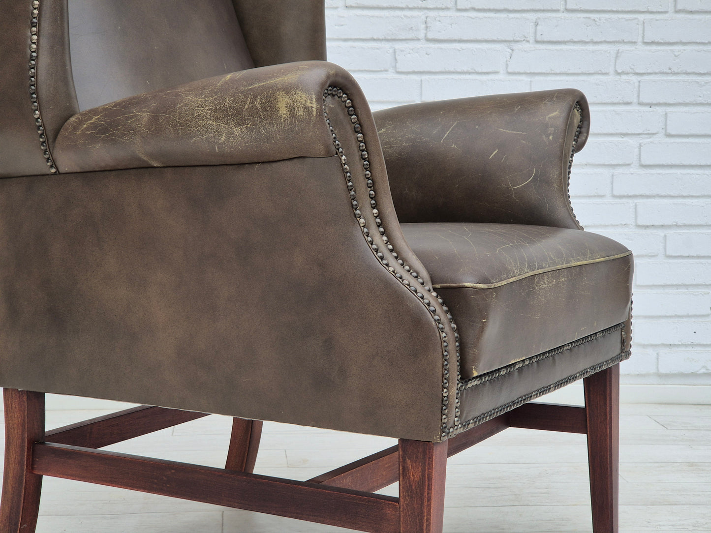 1970s, Vintage wingback armchair, original condition, leather, beech wood.