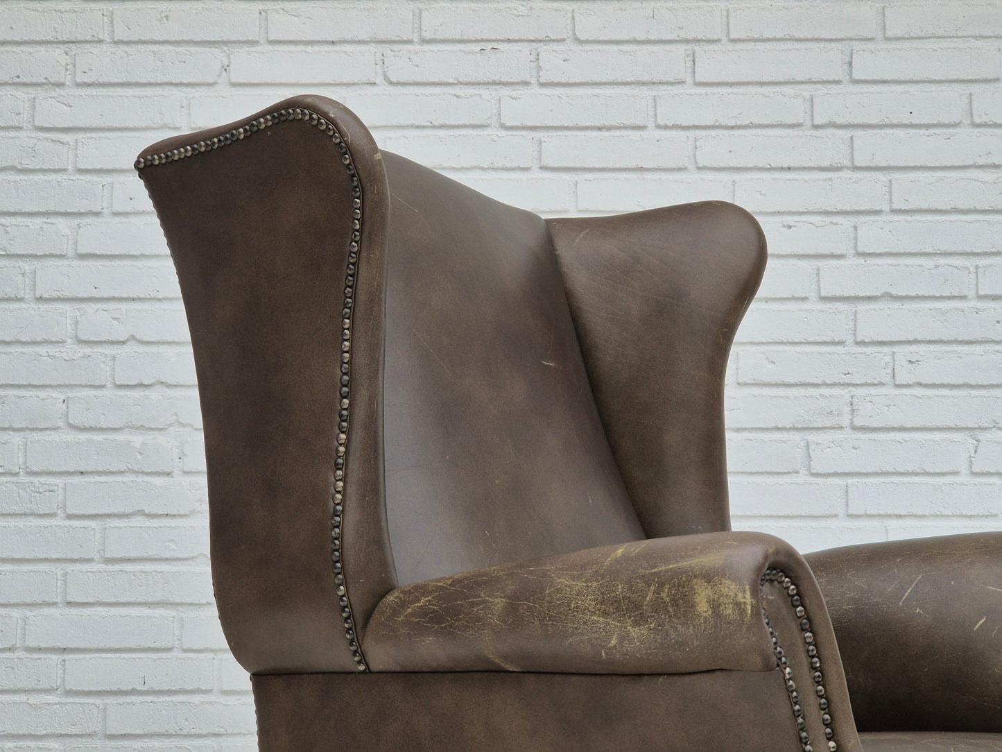 1970s, Vintage wingback armchair, original condition, leather, beech wood.