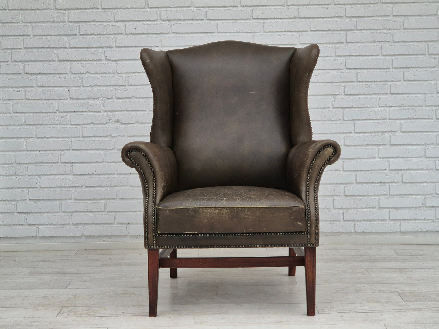 1970s, Vintage wingback armchair, original condition, leather, beech wood.