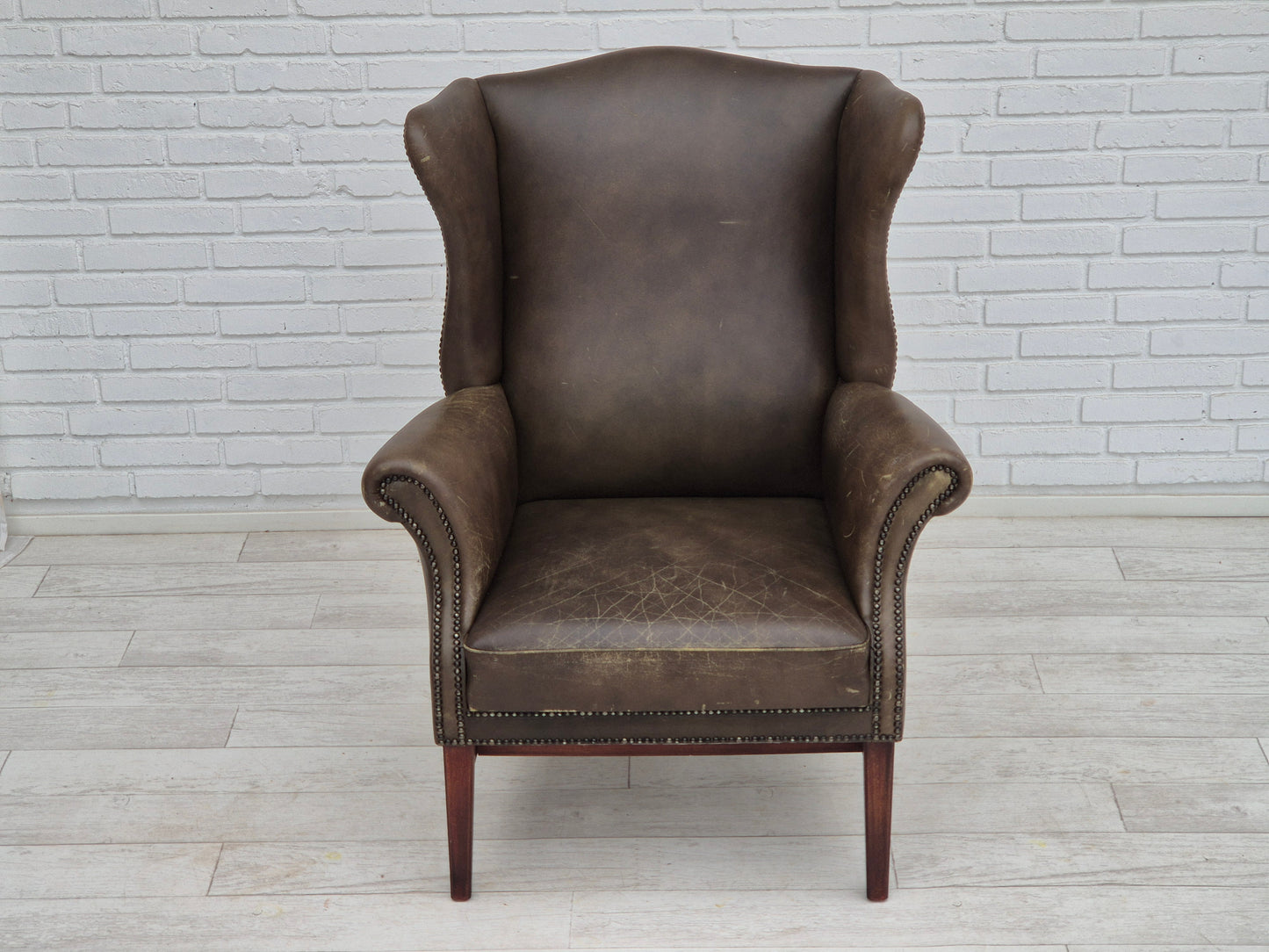 1970s, Vintage wingback armchair, original condition, leather, beech wood.