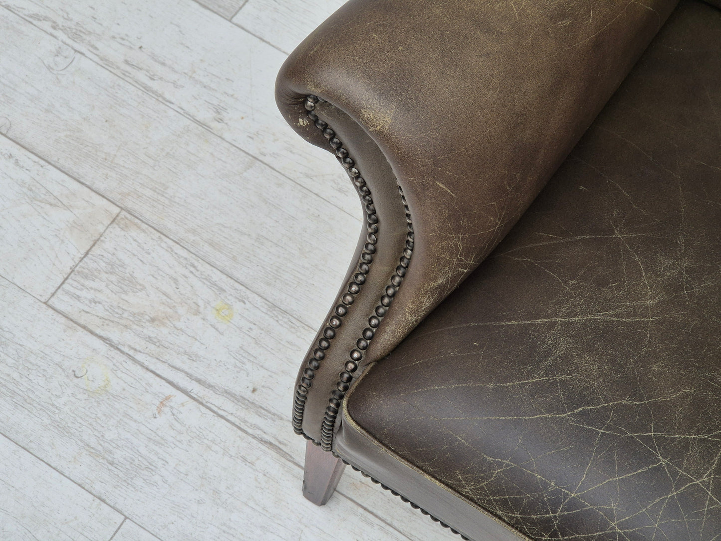 1970s, Vintage wingback armchair, original condition, leather, beech wood.