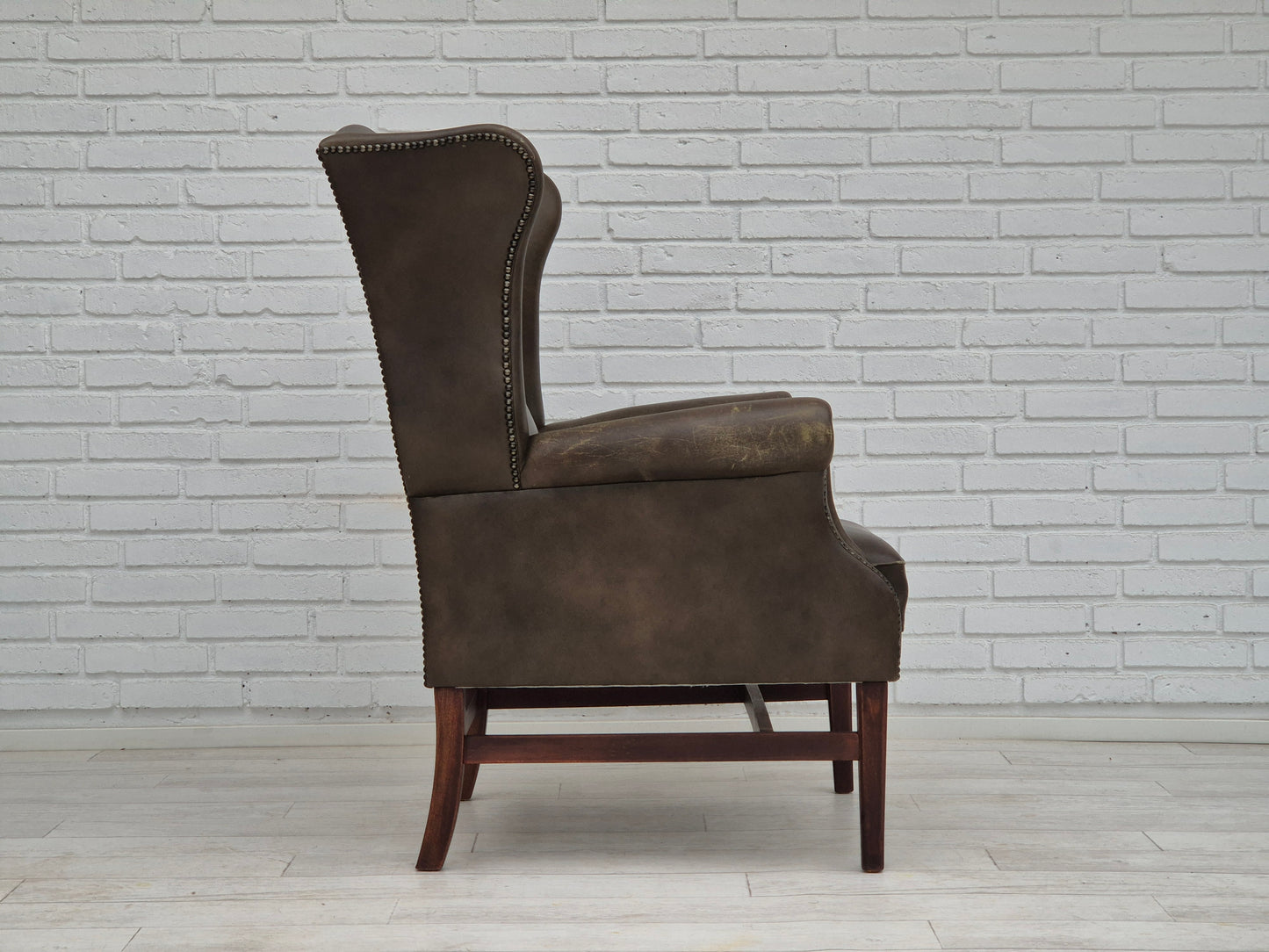 1970s, Vintage wingback armchair, original condition, leather, beech wood.