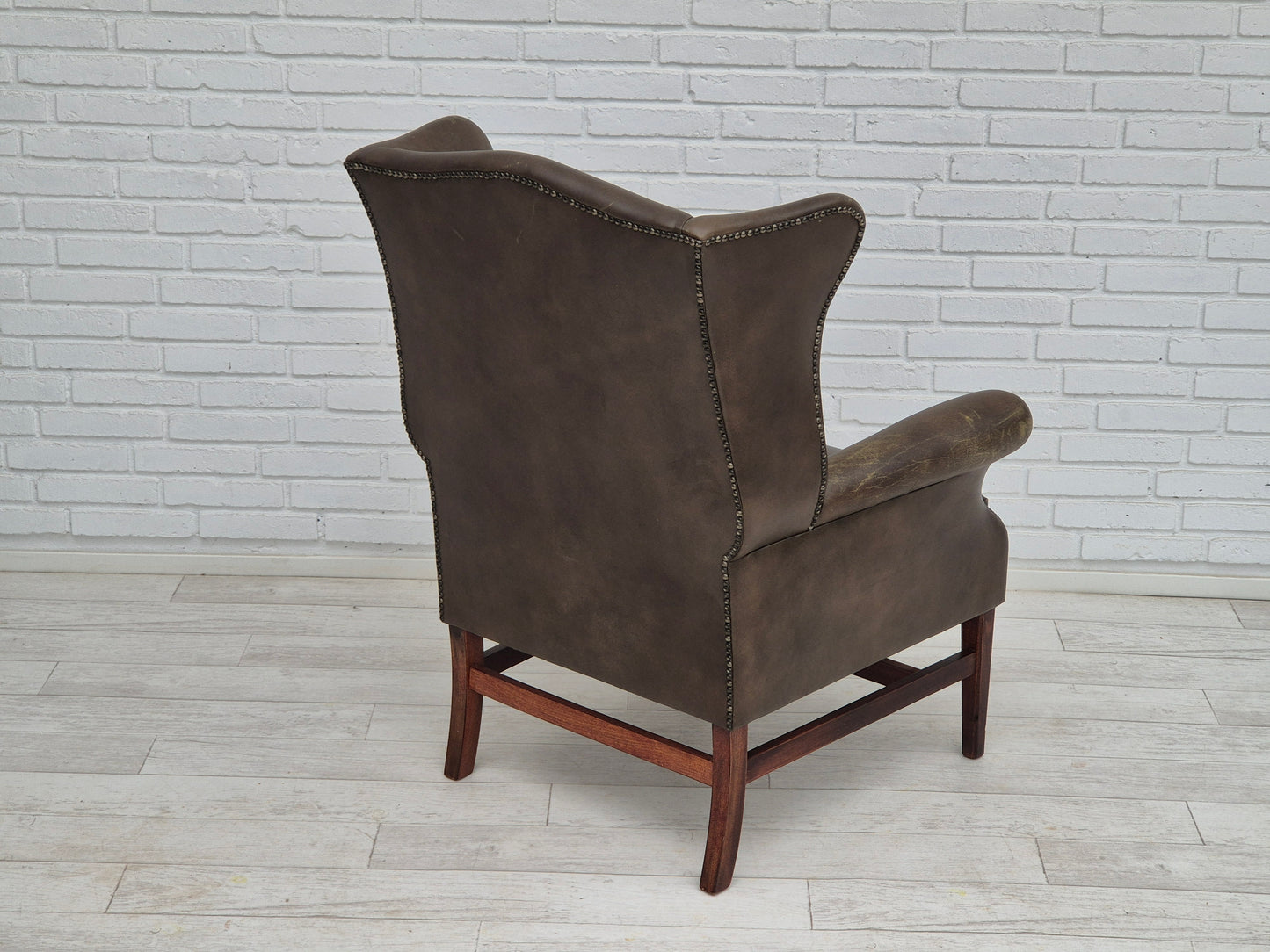 1970s, Vintage wingback armchair, original condition, leather, beech wood.