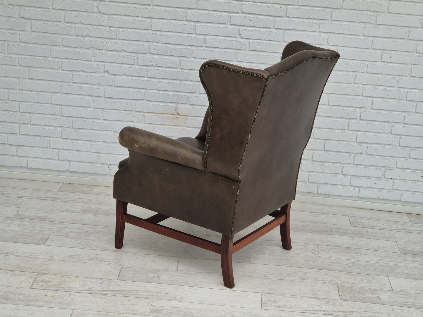 1970s, Vintage wingback armchair, original condition, leather, beech wood.