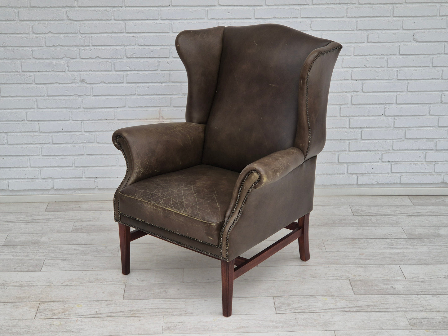 1970s, Vintage wingback armchair, original condition, leather, beech wood.