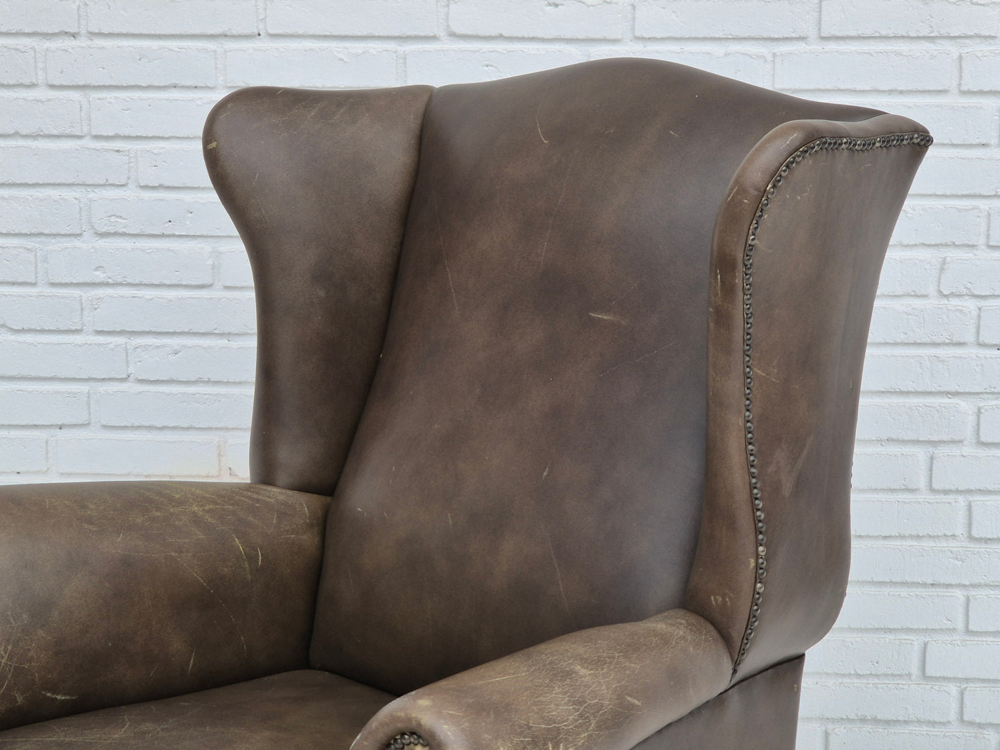 1970s, Vintage wingback armchair, original condition, leather, beech wood.