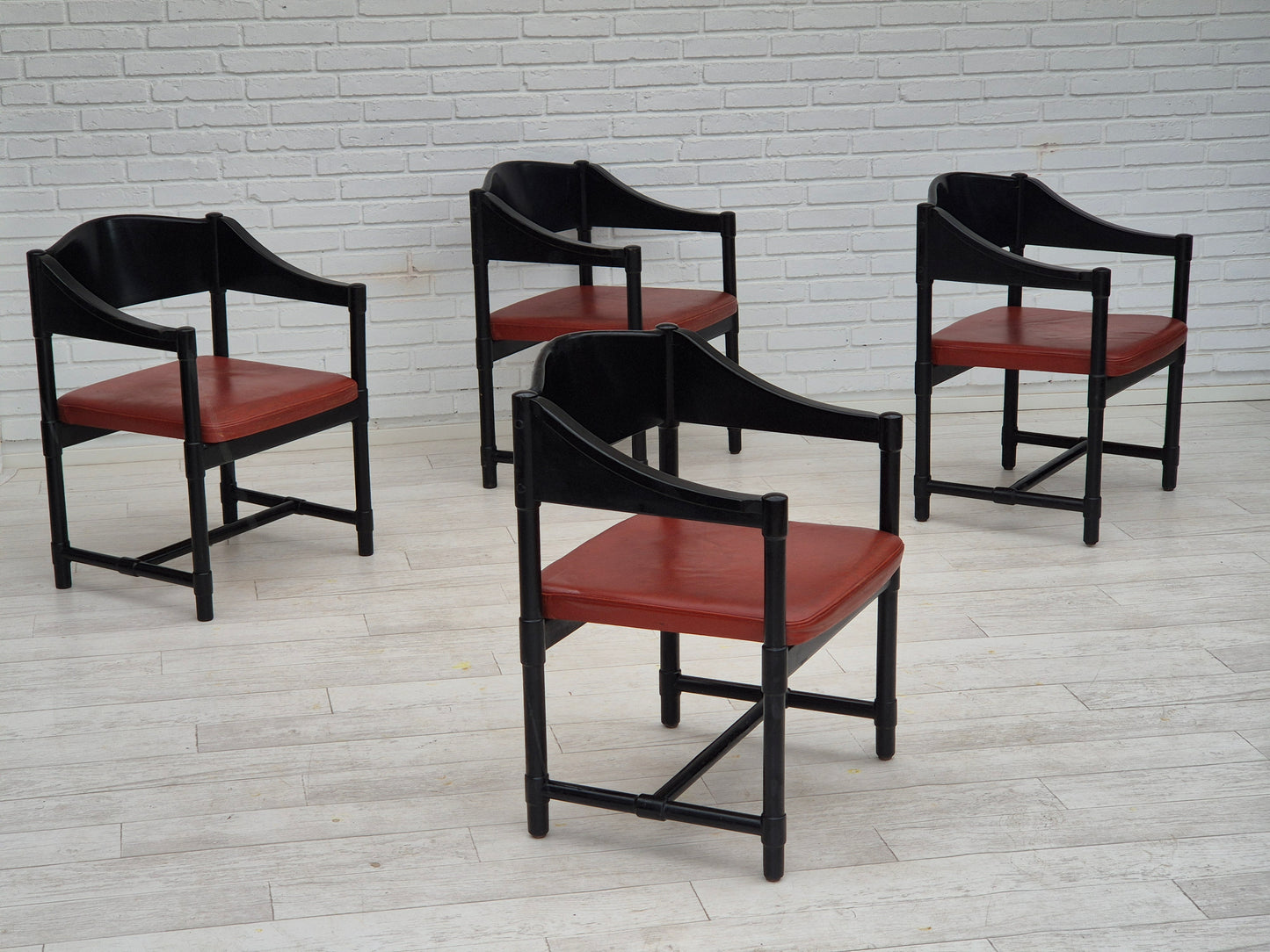 1970s, set of 4 Finnish armchairs by Lepokalusto, original condition, birch wood, leather.