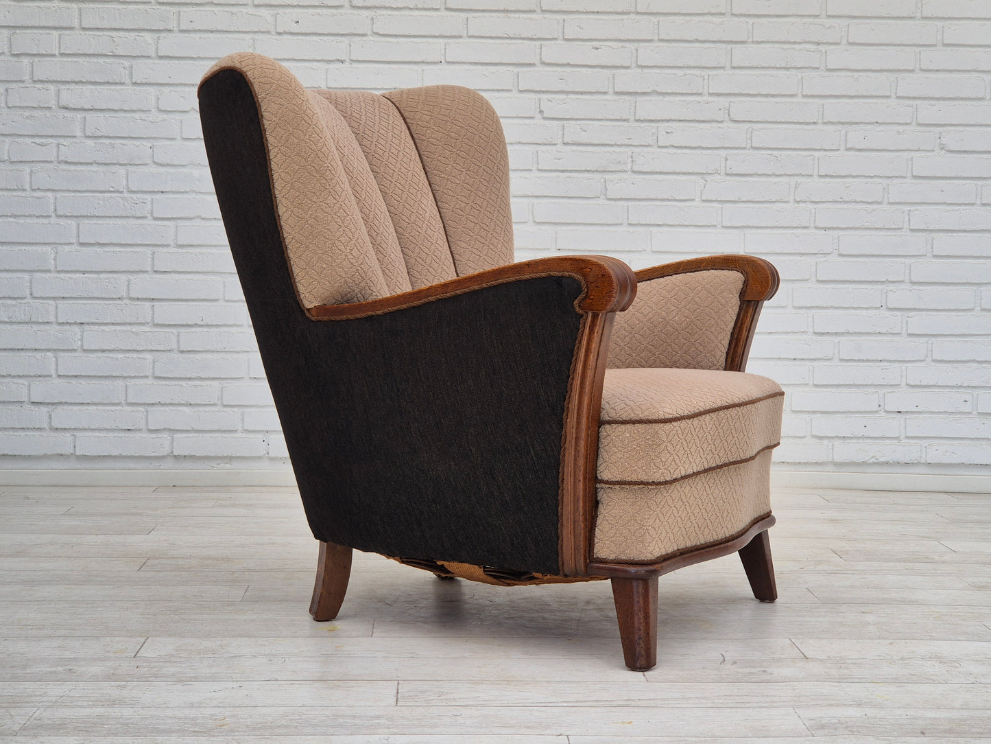 1950s, Danish vintage armchair, light brown cotton/wool, oak wood.