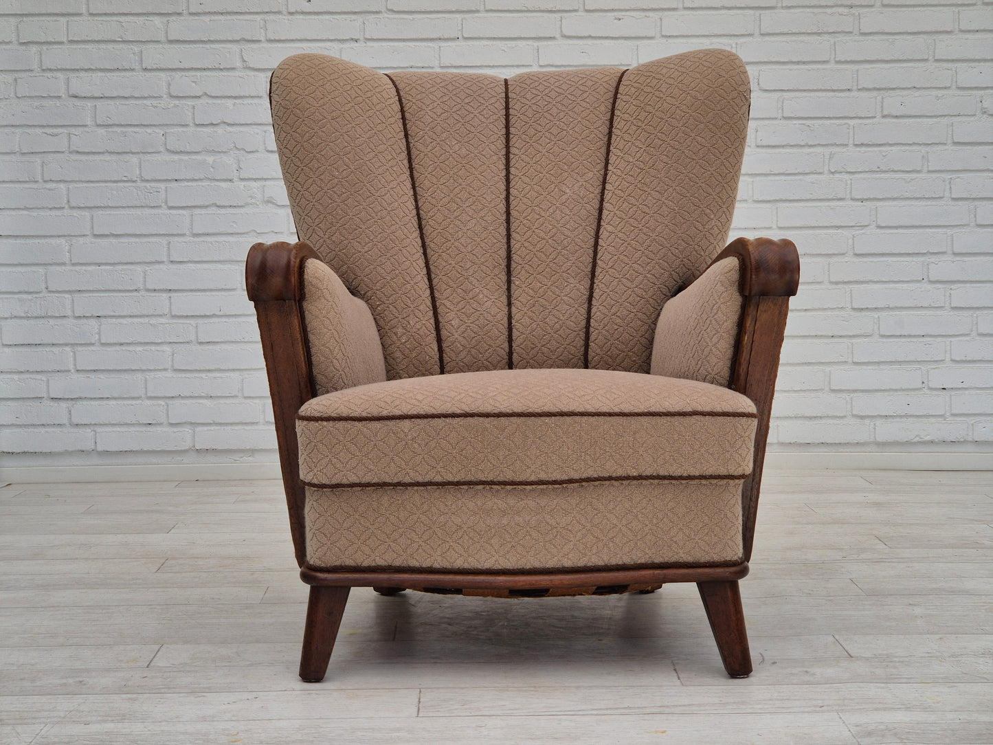 1950s, Danish vintage armchair, light brown cotton/wool, oak wood.