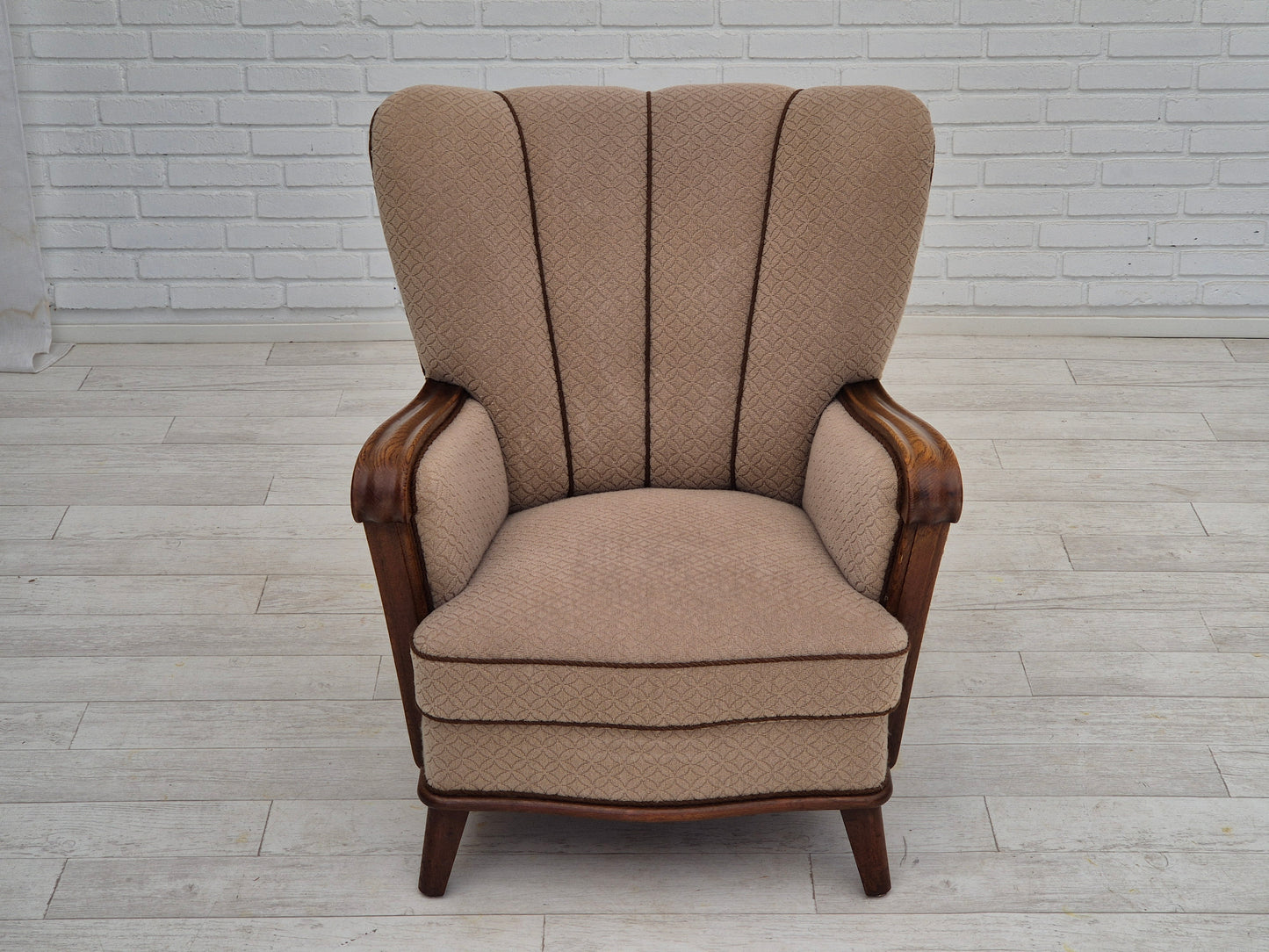 1950s, Danish vintage armchair, light brown cotton/wool, oak wood.