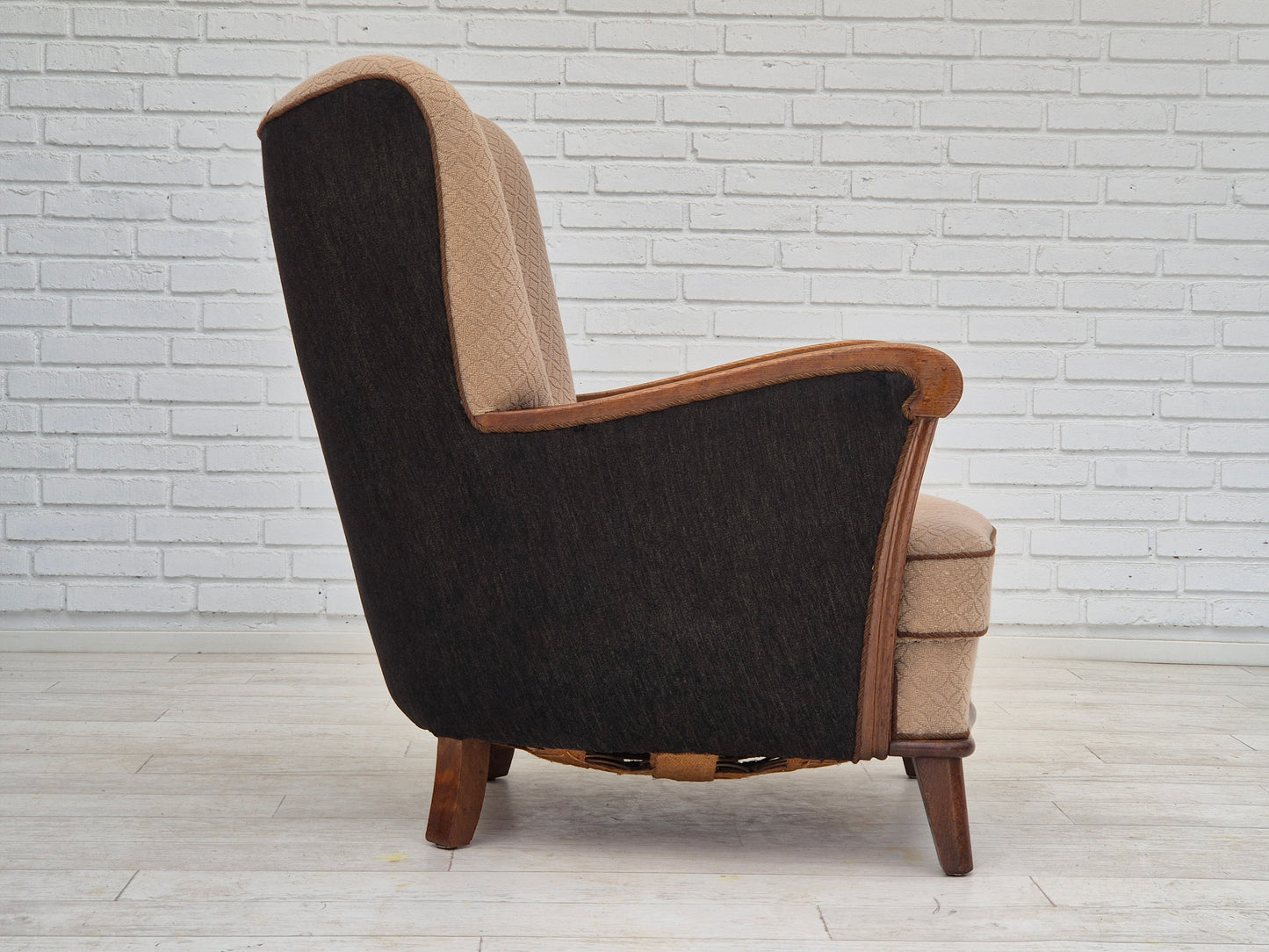 1950s, Danish vintage armchair, light brown cotton/wool, oak wood.