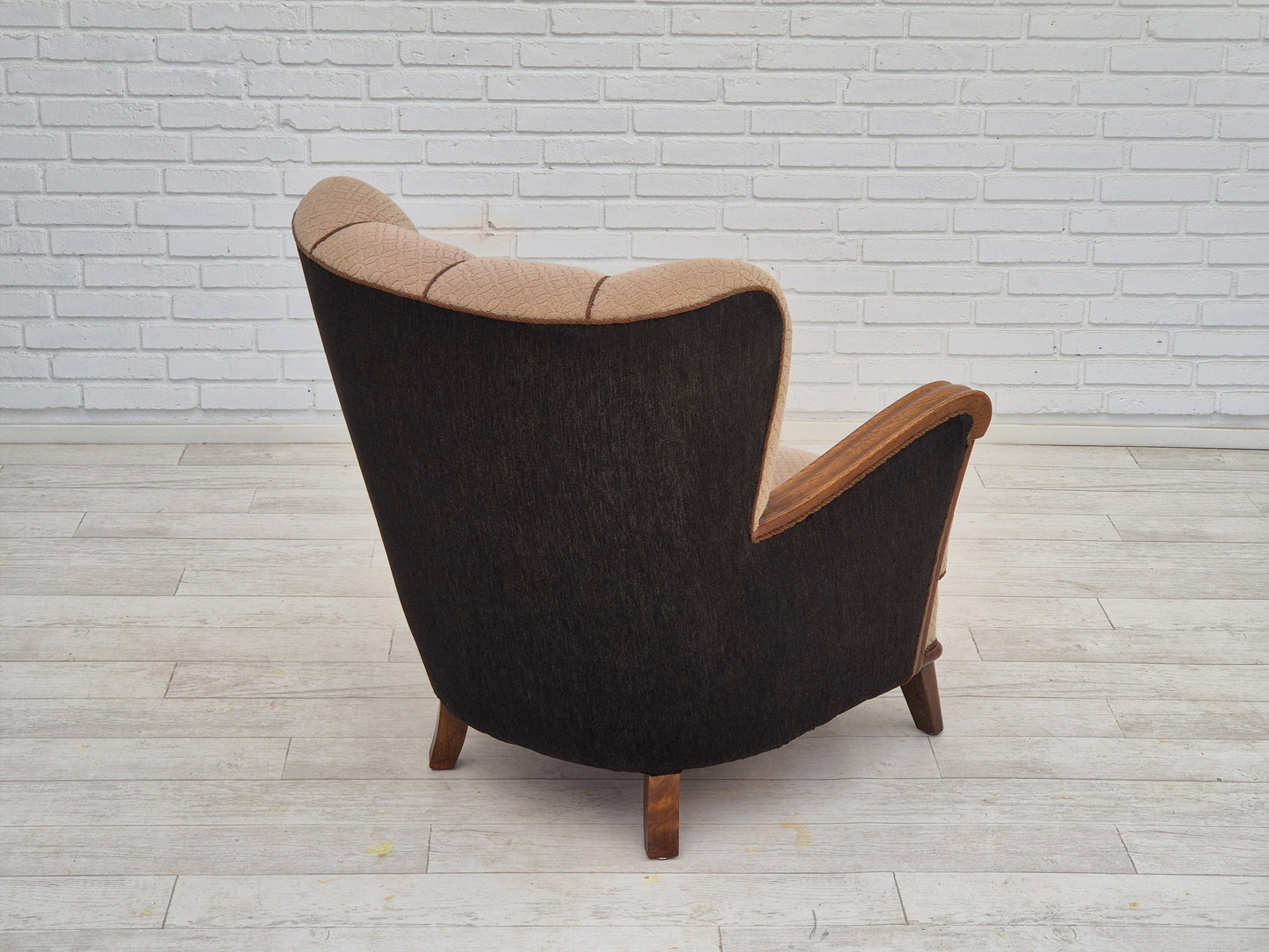 1950s, Danish vintage armchair, light brown cotton/wool, oak wood.