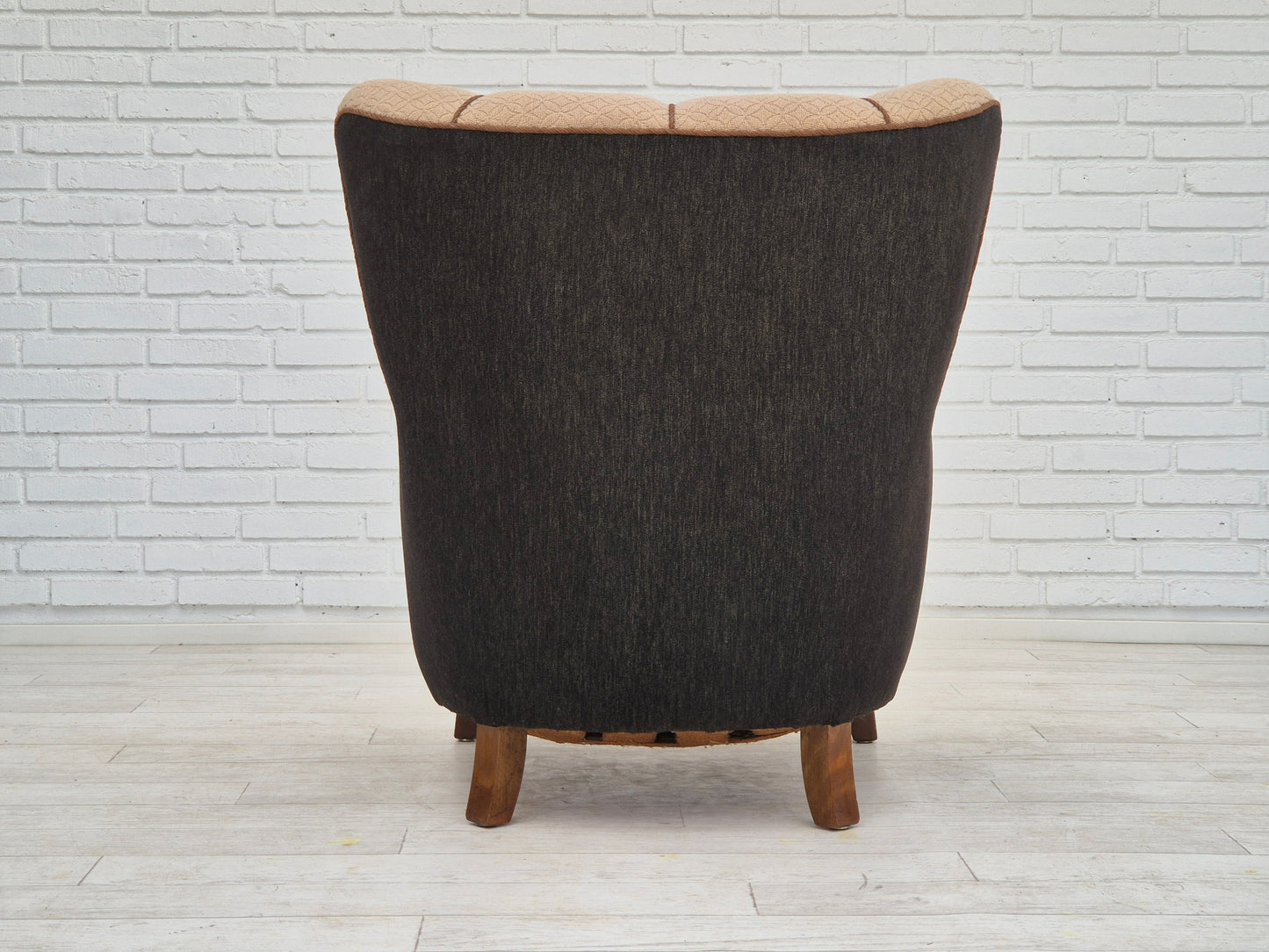 1950s, Danish vintage armchair, light brown cotton/wool, oak wood.