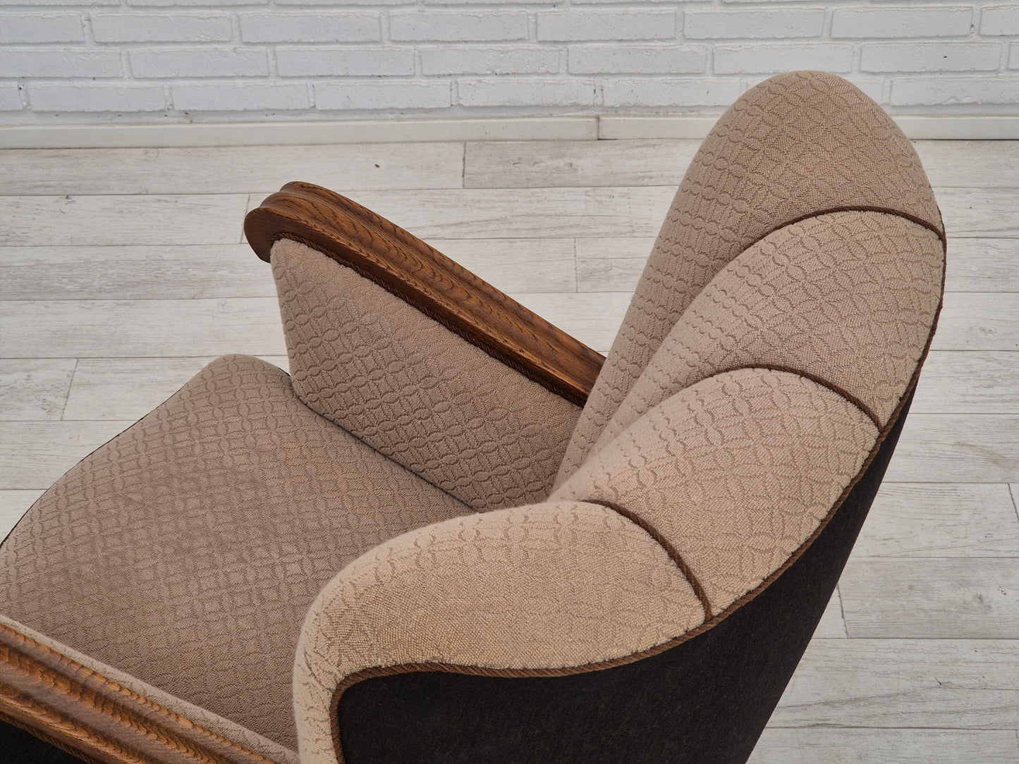 1950s, Danish vintage armchair, light brown cotton/wool, oak wood.