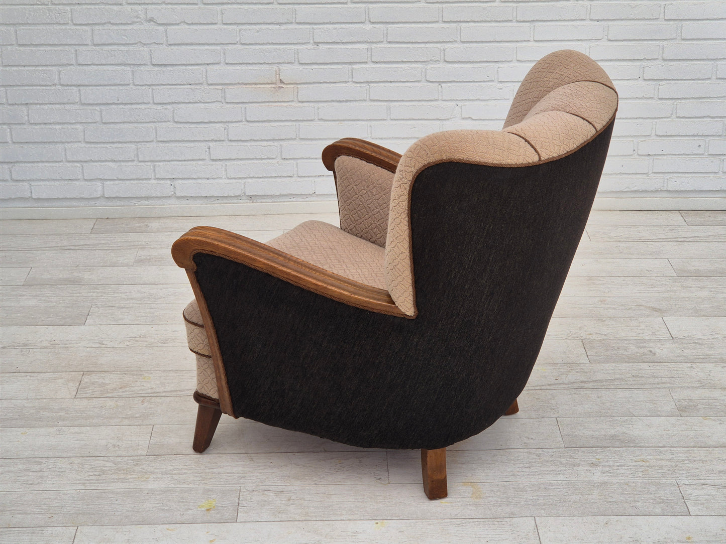 1950s, Danish vintage armchair, light brown cotton/wool, oak wood.