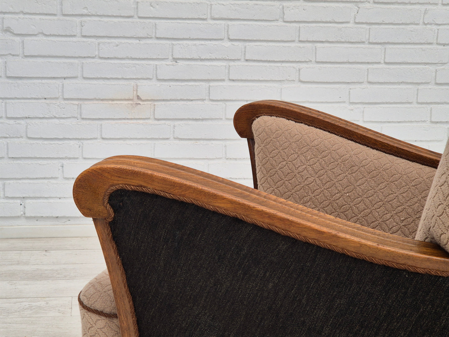 1950s, Danish vintage armchair, light brown cotton/wool, oak wood.