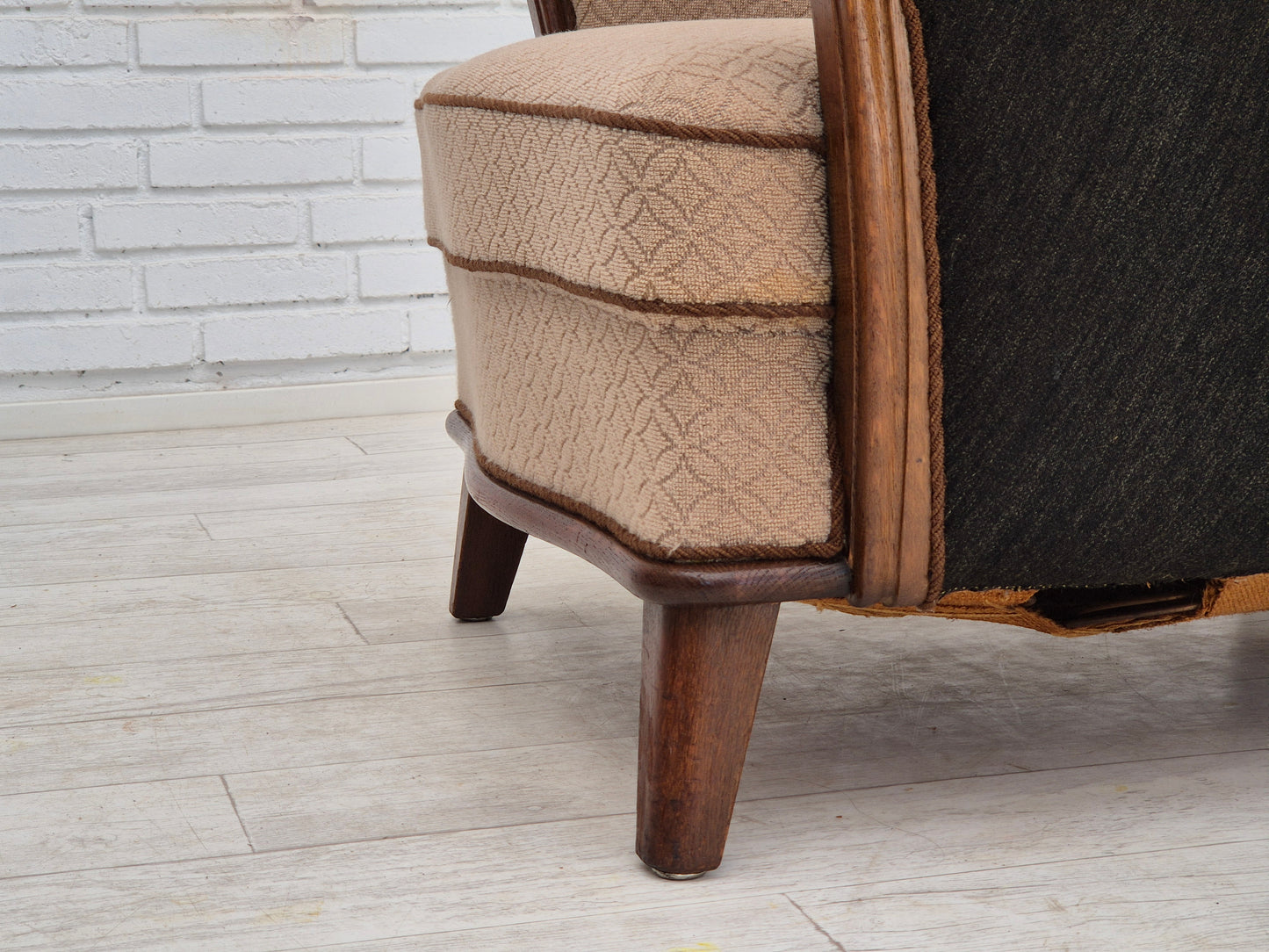 1950s, Danish vintage armchair, light brown cotton/wool, oak wood.