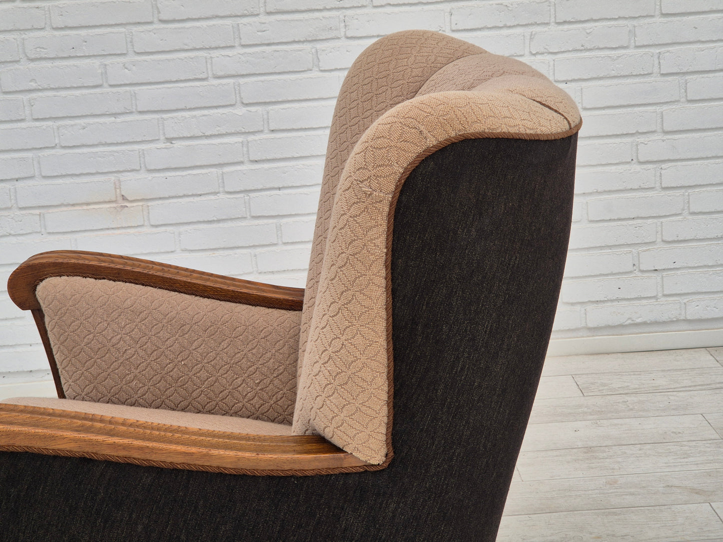 1950s, Danish vintage armchair, light brown cotton/wool, oak wood.