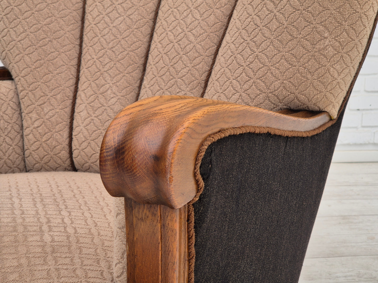 1950s, Danish vintage armchair, light brown cotton/wool, oak wood.