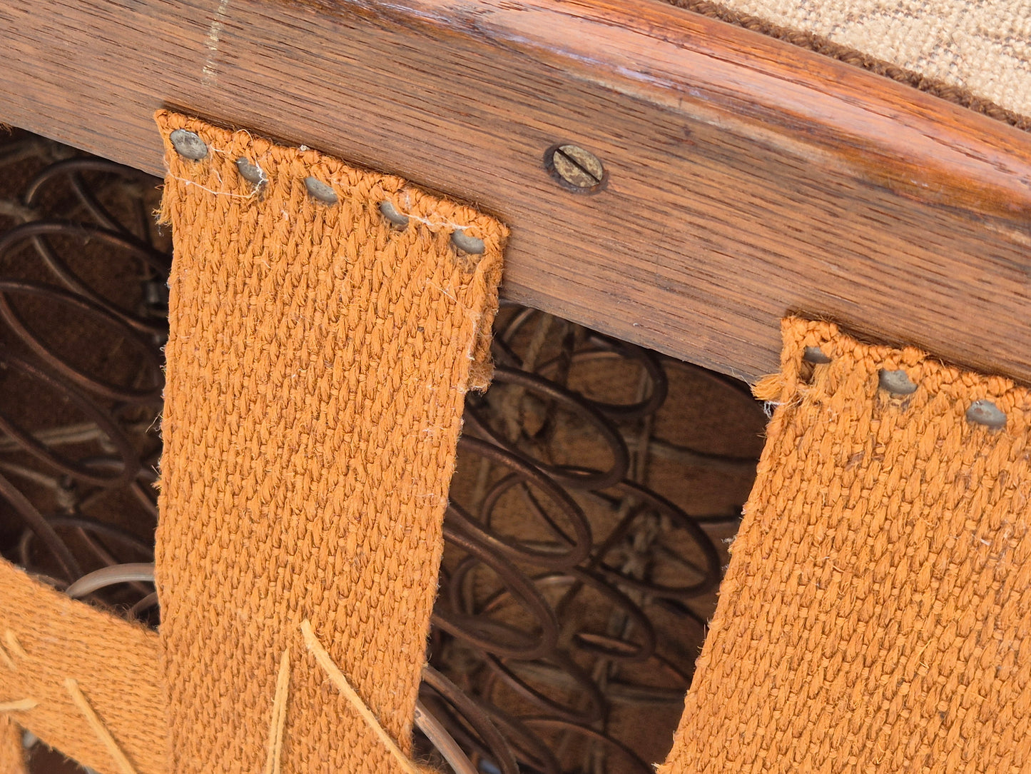 1950s, Danish vintage armchair, light brown cotton/wool, oak wood.