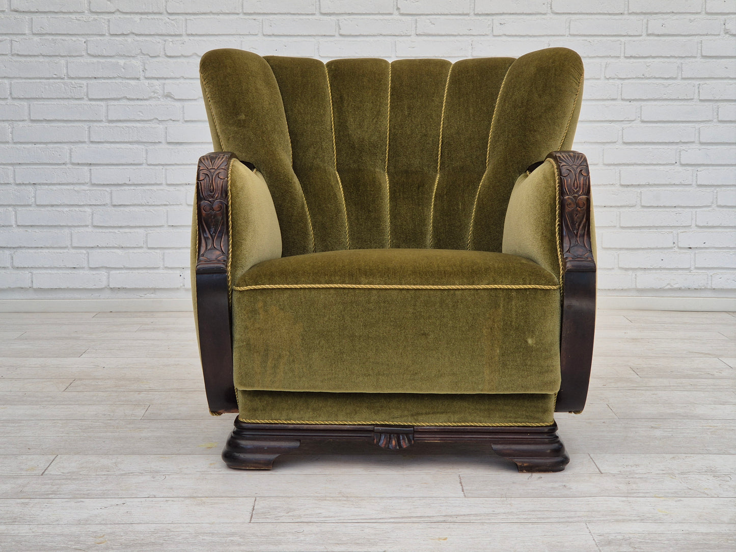 1950s, Danish vintage chair, furniture velour, oak wood.