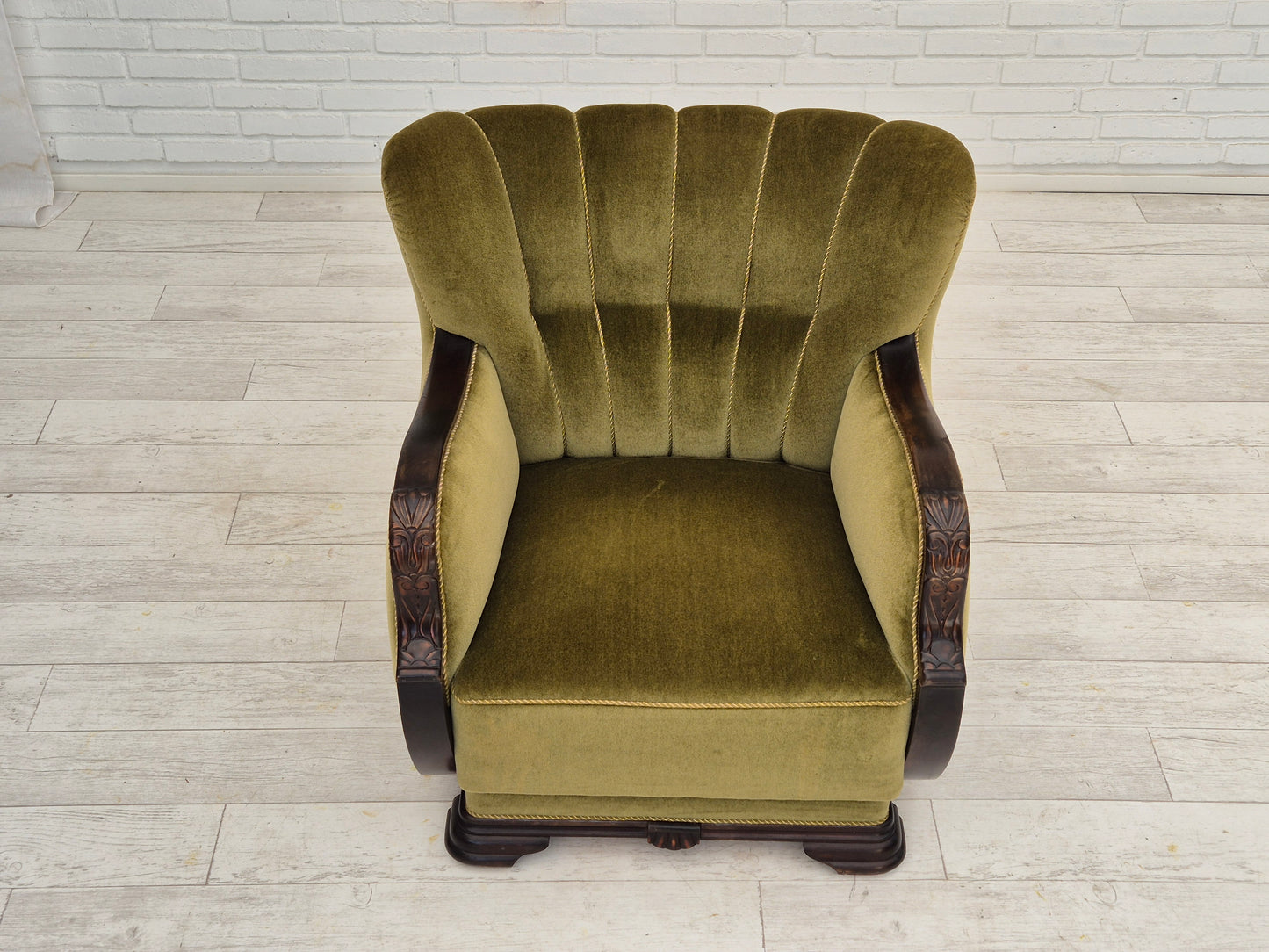 1950s, Danish vintage chair, furniture velour, oak wood.