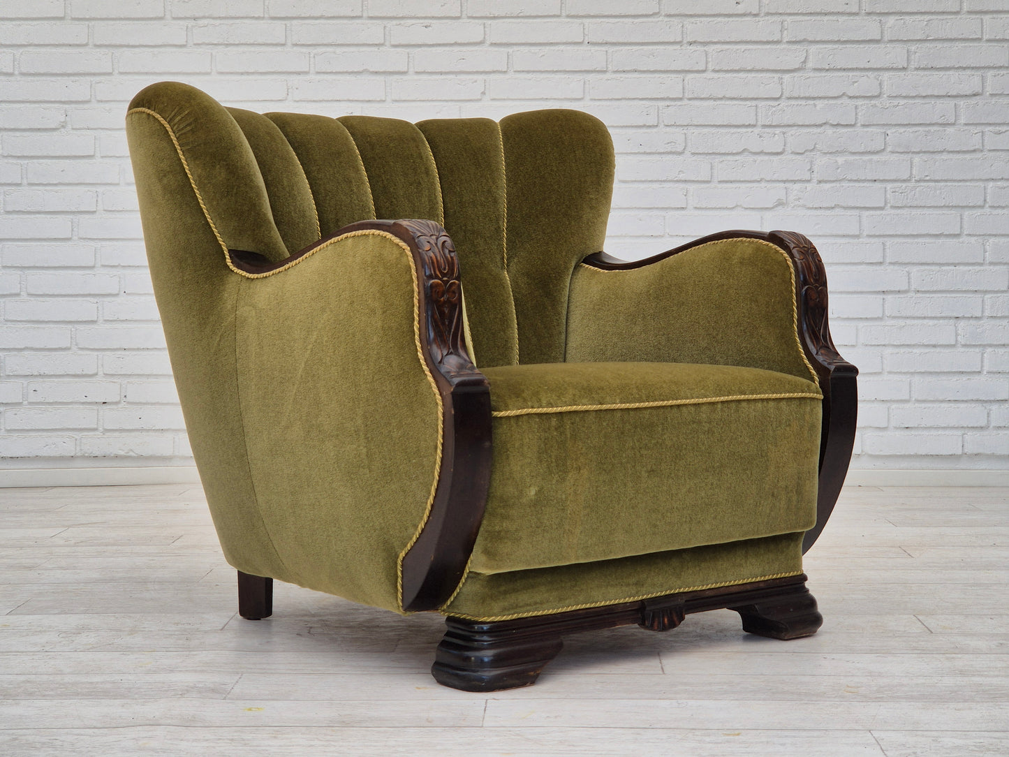 1950s, Danish vintage chair, furniture velour, oak wood.